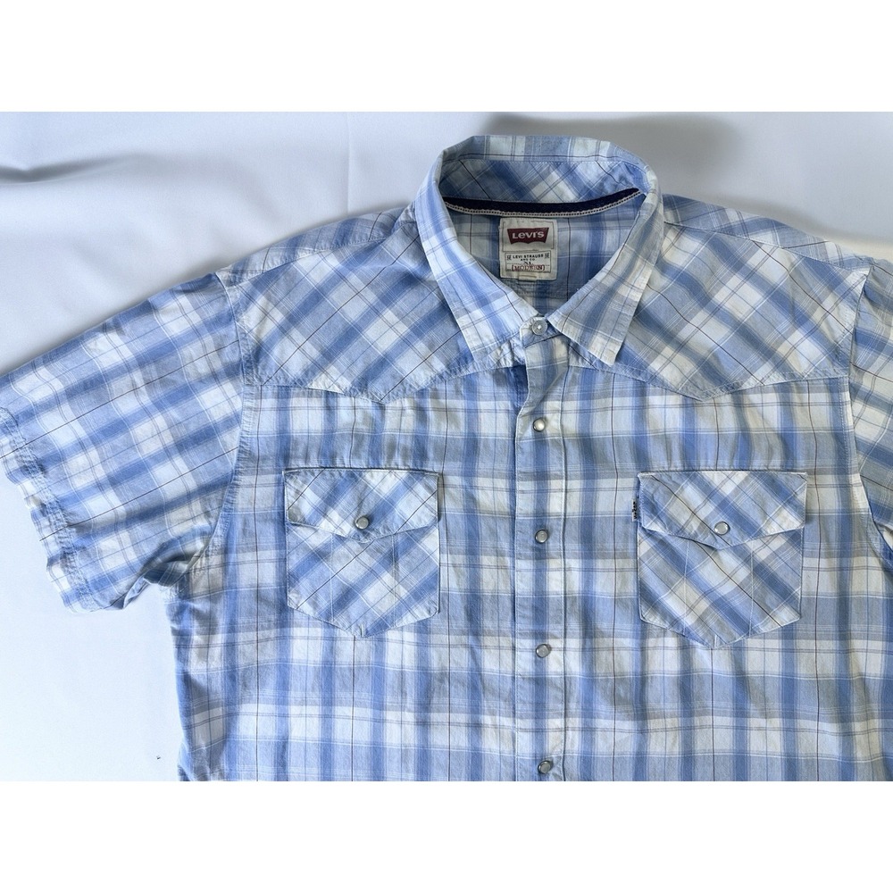 Levi's Mens XL Blue Plaid Short Sleeve Pearl Snap Button Up Shirt